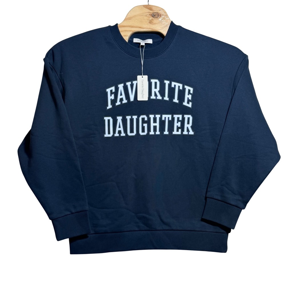 NEW Favorite Daughter Collegiate Sweatshirt Navy Blue Varsity Graphic Pullover M